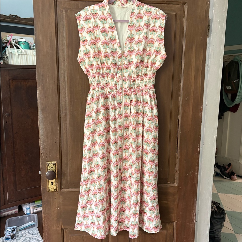 entro Pink & Cream Floral Midi Dress with Smocked Waist - Picture 4 of 7